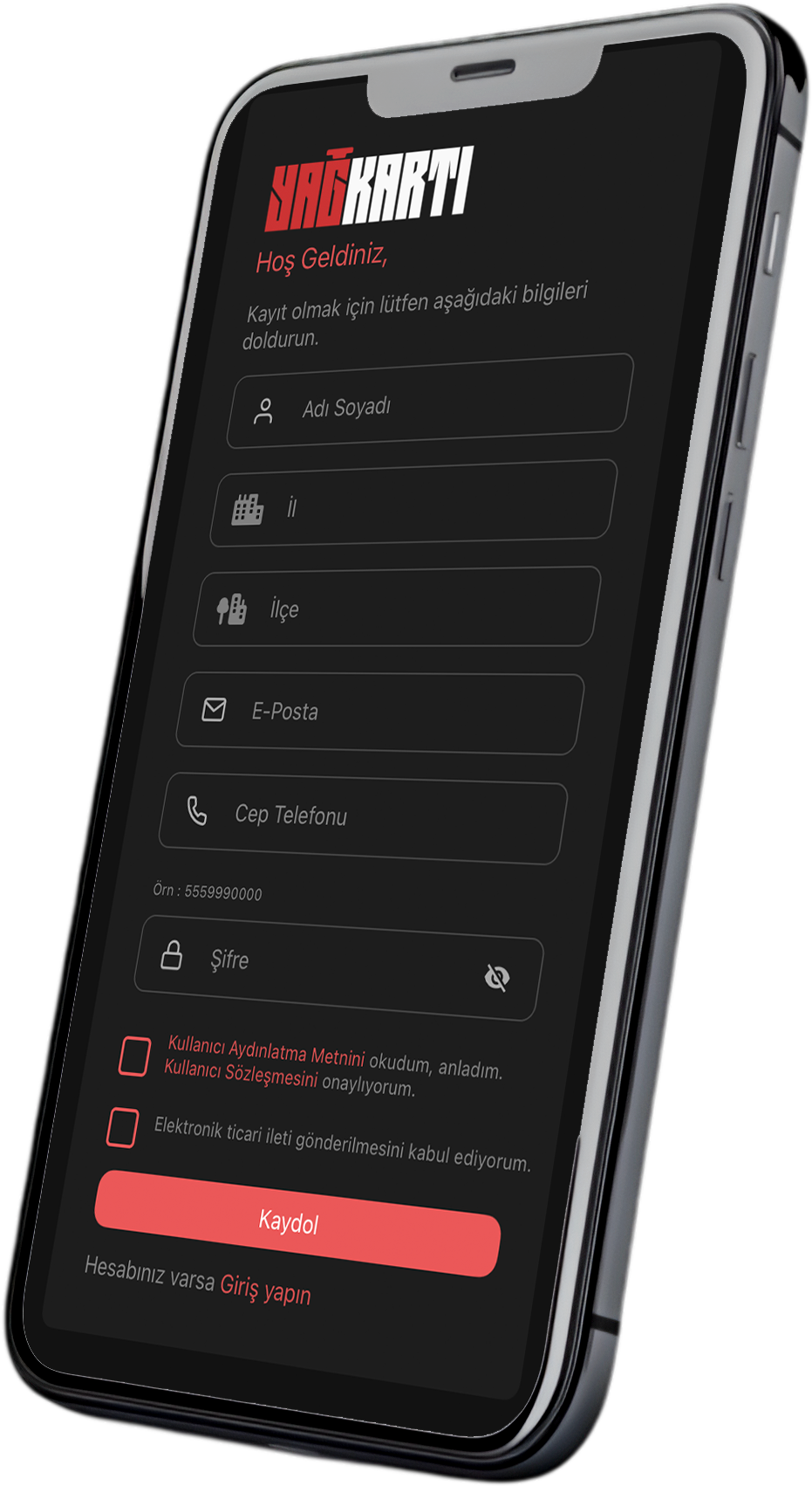 Yağkartı üyelik ekranı
